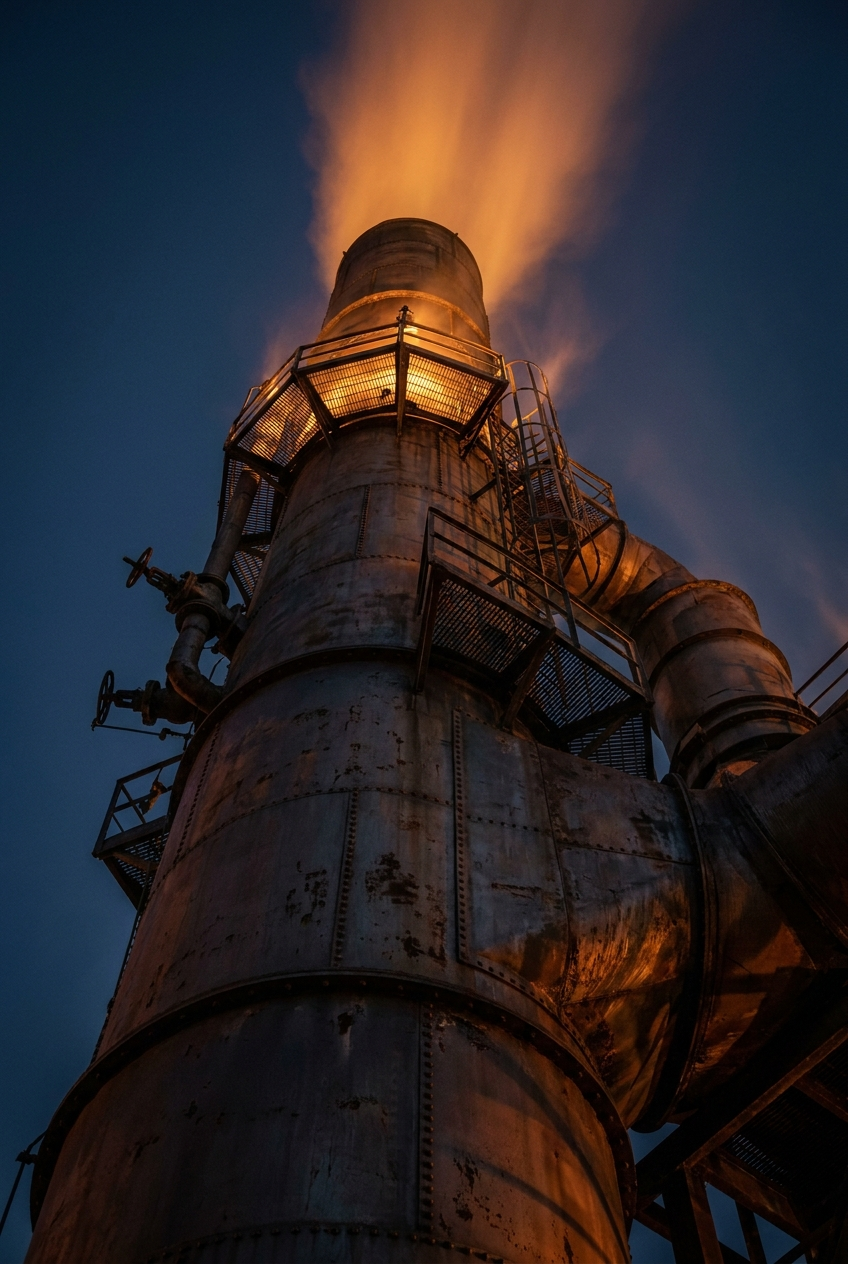 Industrial exhaust stack venting waste heat at dusk