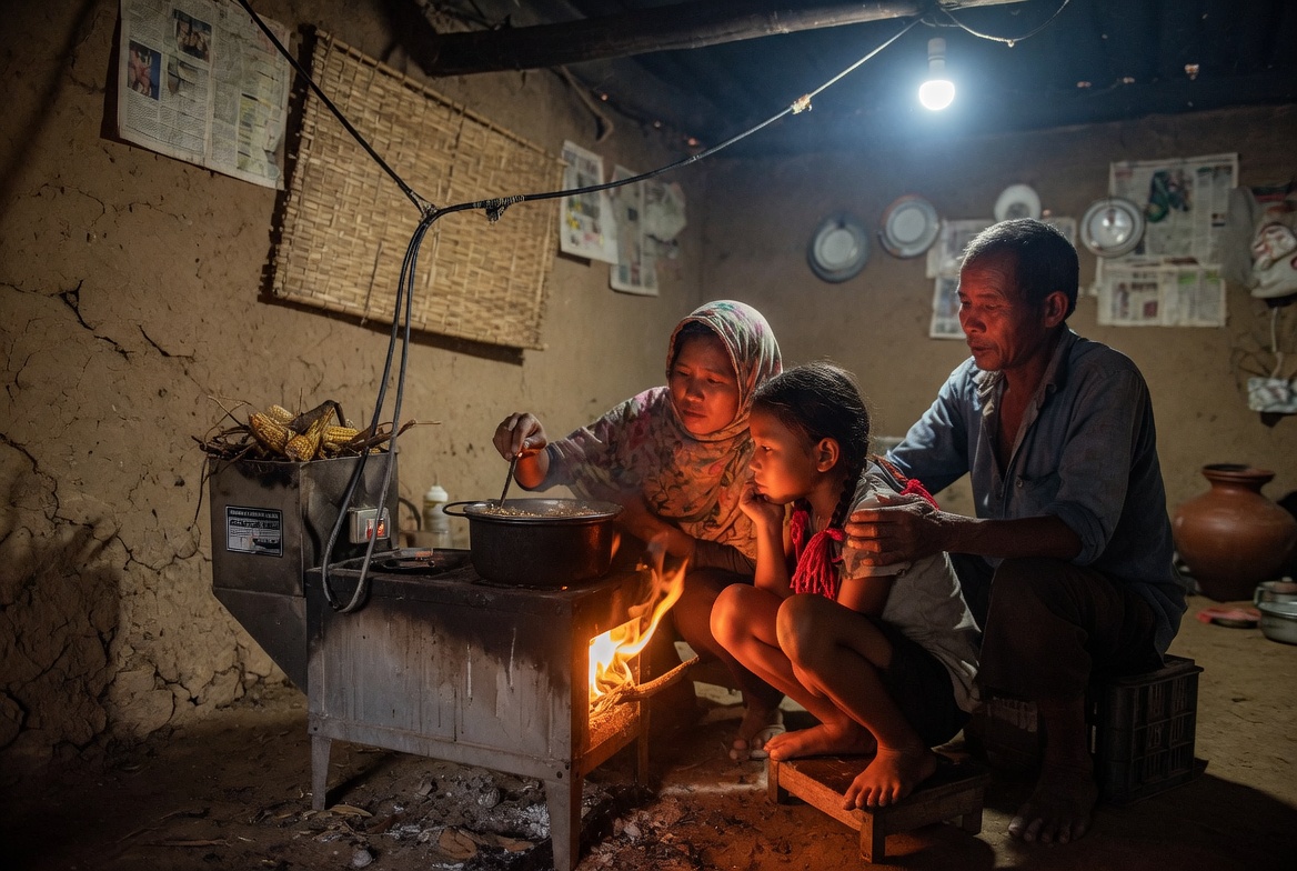 Family cooking on an efficient biomass stove in a rural home